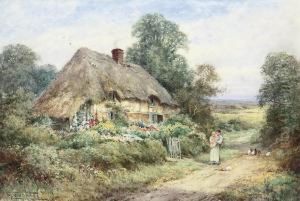 A Mother With Her Child And A Kitten Before A Thatchedcottage by Henry John Sylvester Stannard