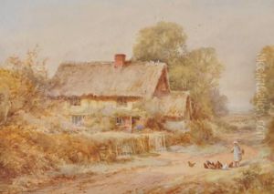 Girl Feeding Hens Outside A That Ched Cottage by Henry John Sylvester Stannard