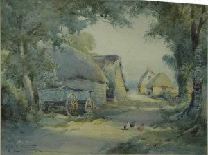 Chickens And Cart Before Thatched Cottages by Henry John Sylvester Stannard