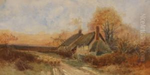 Flock Of Sheep Passing Thatched Cottages