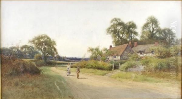 A Young Couple Conversing Outside Thatched Country Cottages - view 1