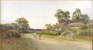 A Young Couple Conversing Outside Thatched Country Cottages thumbnail