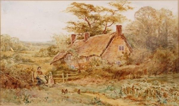 A Mother And Child Before A Thatched Cottage - view 1