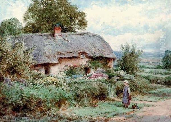 A Young Girl Before A Thatched Cottage - view 1