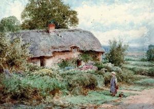 A Young Girl Before A Thatched Cottage by Henry John Sylvester Stannard