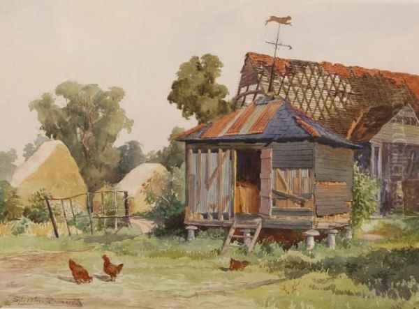 Watercolour, Farmyard Scene With Chickens, Signed, 11" X 15" - view 1