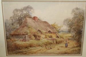 Woman And Chickens Beside A Thatched Cottage Signed 10 X 14in