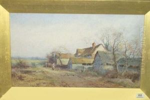Bedfordshire Farm With A Woman Feeding Chickens, Geese Nearby Signed by Henry John Sylvester Stannard