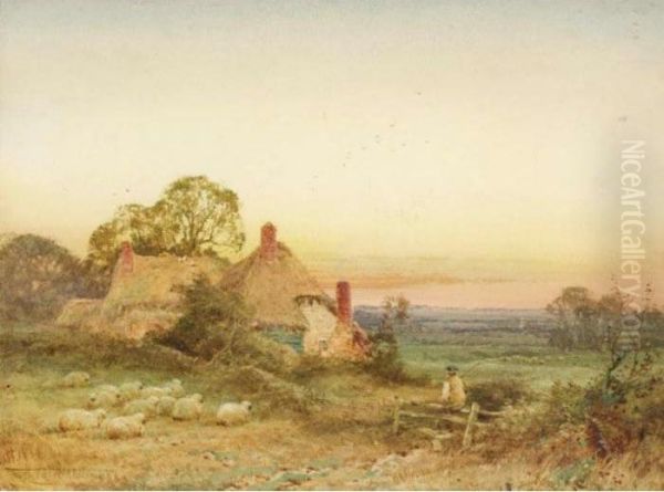 Shepherd And His Flock At Sunset - view 1