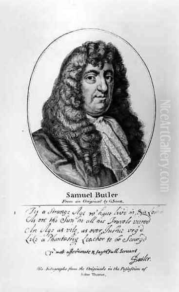 Portrait of Samuel Butler 1612-80 with an sample of his handwriting by Gerard Soest