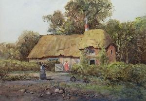 Cottage Scene With Figures And Hens Cottage Scene With Figures And Hens