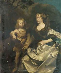 Double portrait of a lady and her son, full-length, the lady seated, in a silver dress with a brown wrap, the boy in an orange tunic by Gerard Soest