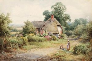 Children Playing Outside Of A Thatched Cottage