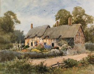 A Thatched Cottage With A Garden Filled With Hollyhocks Anddelphiniums by Henry John Sylvester Stannard