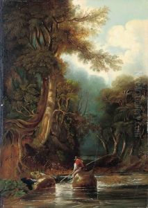 An Angler Fishing In A Wooded Landscape by James Stark