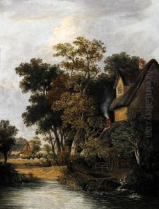 Wooded Riverside Cottage With Man Fishing On The River Bank