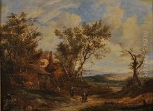 A Pastoral Landscape With Three Figures And A Cottage