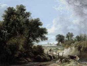 A Drover And Cattle Crossing A Wooden Bridge by James Stark