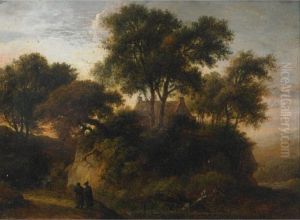 Monks Nearing A Waterfall In The Woods, Passing A Norwich Homesteadon A Cliff by James Stark