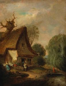 A Thatched Cottage By A Stream by James Stark