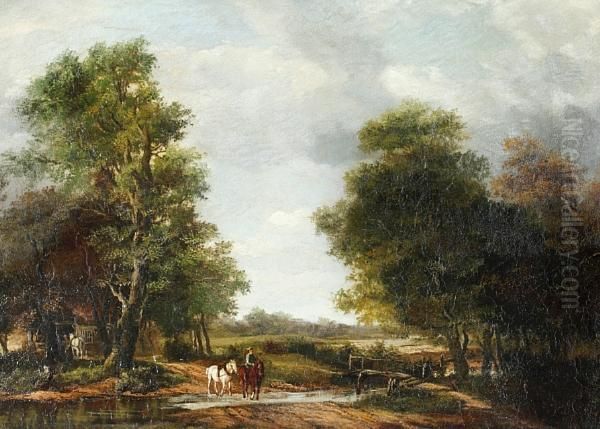 Woodland Scene With Figure And Horses Fording A Stream by James Stark