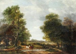 Woodland Scene With Figure And Horses Fording A Stream
