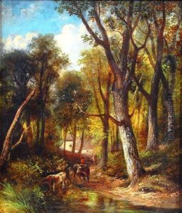 Figures And Cottage Beyond by James Stark