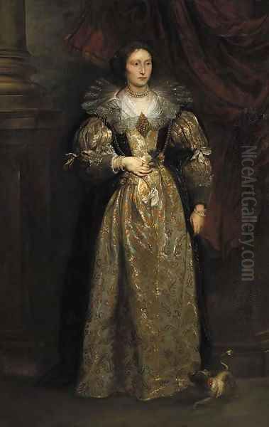 Portrait of a lady, standing full length by a draped column, wearing a gold embroidered white satin dress with black mantle - view 1