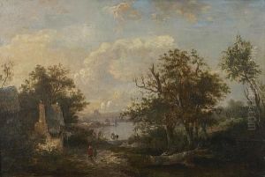 An Extensive Landscape With Ruins And Figures By A Lake by James Stark