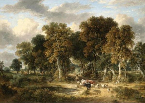 A Drover With Cattle And Sheep In A Wooded Landscape - view 1