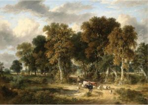 A Drover With Cattle And Sheep In A Wooded Landscape by James Stark