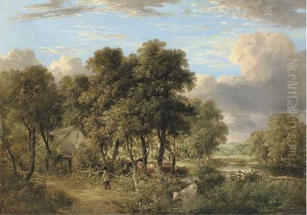 On The Yare: A Wooded River Landscape With Cattle, A Figure And Acottage - view 1