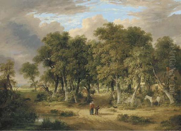 A Wooded Landscape With Figures On A Track, A Cottage Beyond - view 1