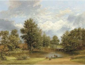 Parkland Landscape With A Gardener By A Pond