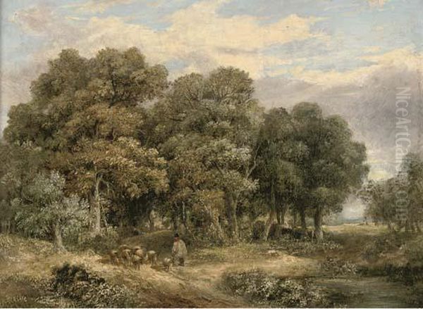 A Drover And His Flock In A Wooded Landscape - view 1