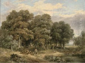 A Drover And His Flock In A Wooded Landscape by James Stark