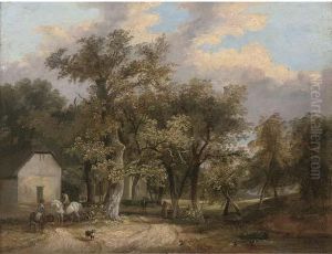 Figures And Animals Before Cottages In A Wooded Landscape
