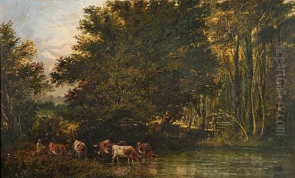 Woodland Landscape With Drover Watering His Cattle - view 1