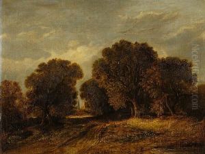 Woodland Scene With Road And Buildings In The Distance by James Stark