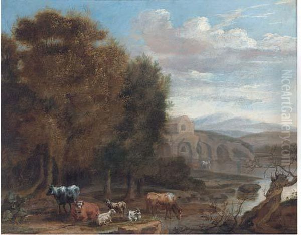 Cattle And Goats Resting By A Lake - view 1