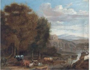 Cattle And Goats Resting By A Lake by James Stark