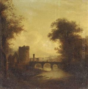 A Ruined Abbey And Bridge In A River Landscape With A Town Beyond by James Stark