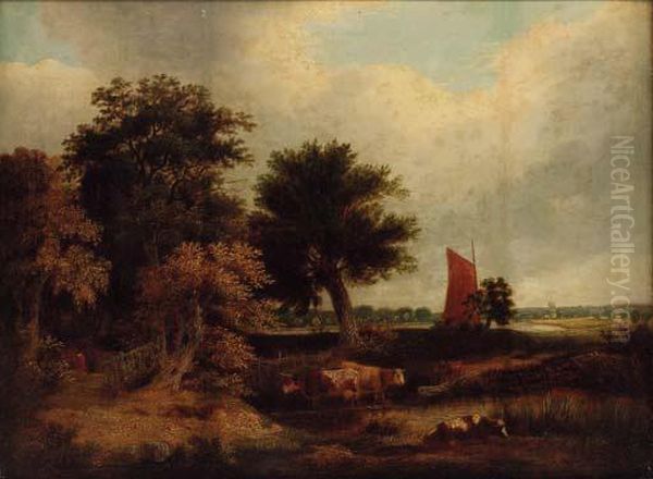 Cattle Watering In A Wooded Landscape, With A Wherry Nearnorwich - view 1