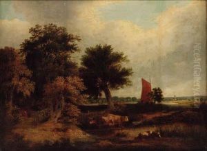 Cattle Watering In A Wooded Landscape, With A Wherry Nearnorwich by James Stark