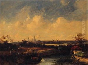Figures On A Hay Barge With Windmills And A Church Beyond