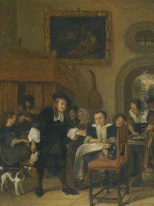 A Gentleman Offering A Lady A
Glass Of Wine With A Couple Making Music And Other Townsfolk In An
Interior by Jan Steen