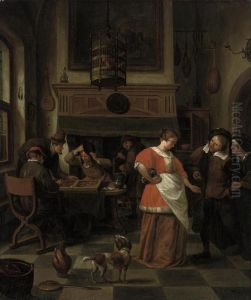 A Tavern Interior With Figures Playing A Game And A Dog by Jan Steen