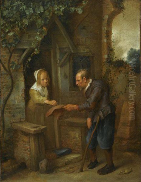 A Young Girl Handing A Coin To An Old Crippled Beggar In Front Of A House - view 1