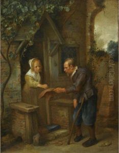 A Young Girl Handing A Coin To An Old Crippled Beggar In Front Of A House by Jan Steen