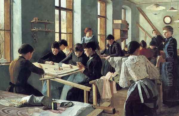 Ladies embroidering in a workshop - view 1